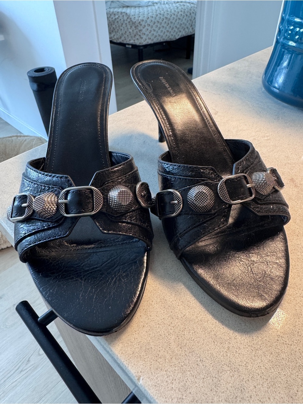 Balenciaga Black Leather Slide Heels with Silver Buckle Accents